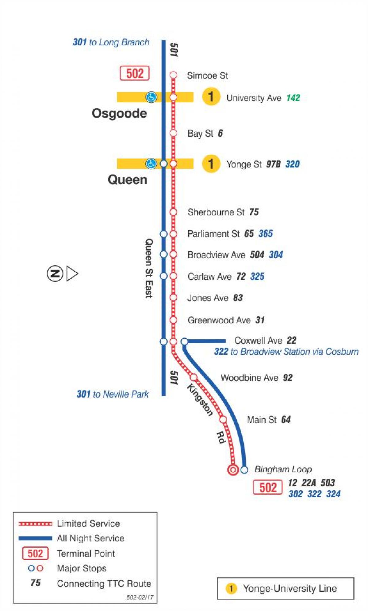 Hartă a liniei de tramvai 502 Downtowner