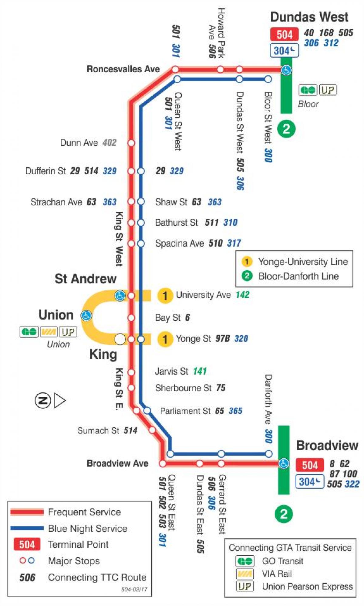 Hartă a liniei de tramvai 504 King