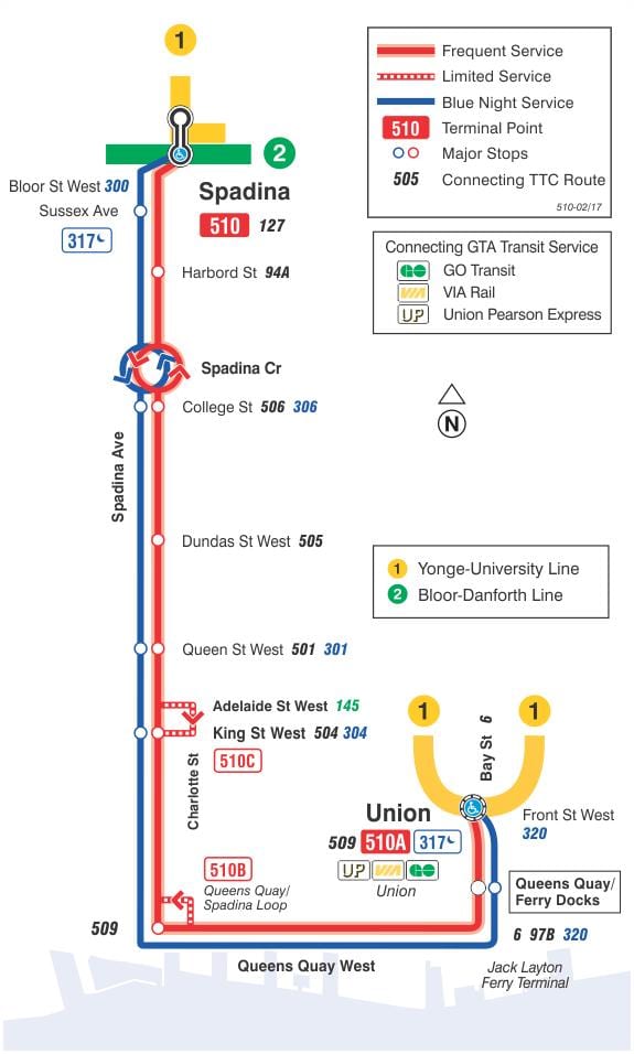 Hartă a liniei de tramvai 510 Spadina