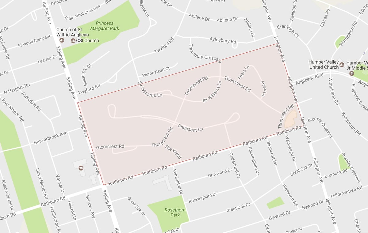 Harta Thorncrest Sat de vecinătate vecinătate Toronto