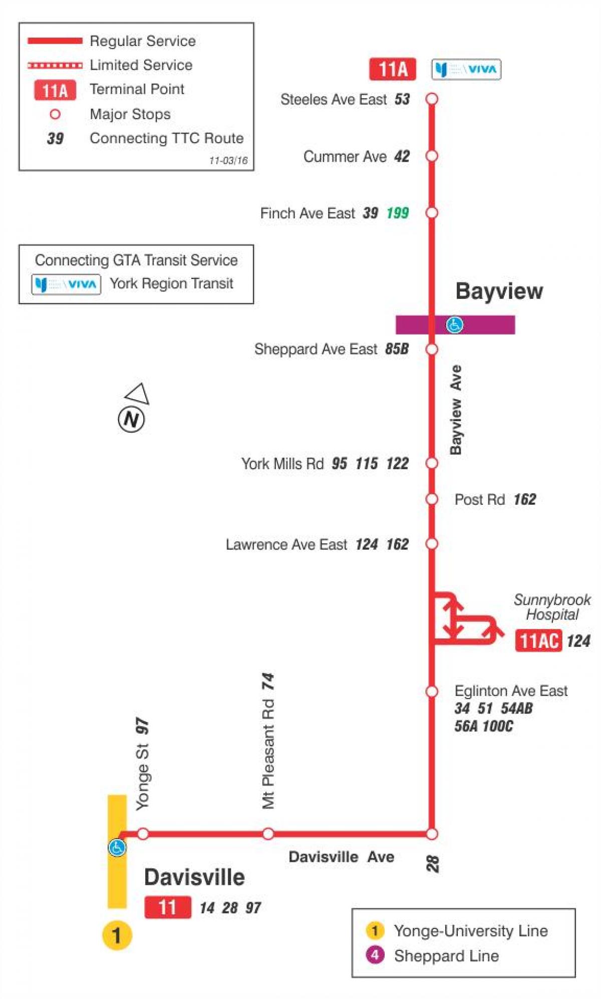 Harta TTC 11 Bayview autobuz de ruta Toronto