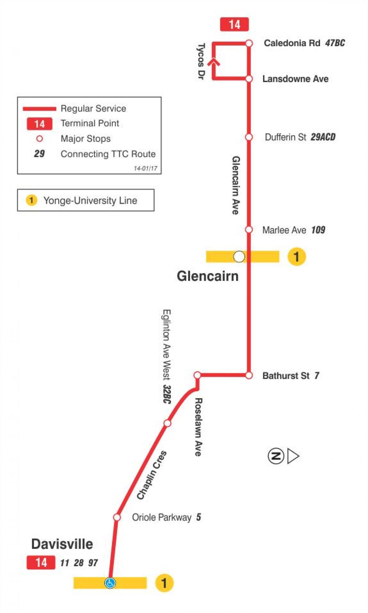 Harta TTC 14 Glencairn autobuz de ruta Toronto