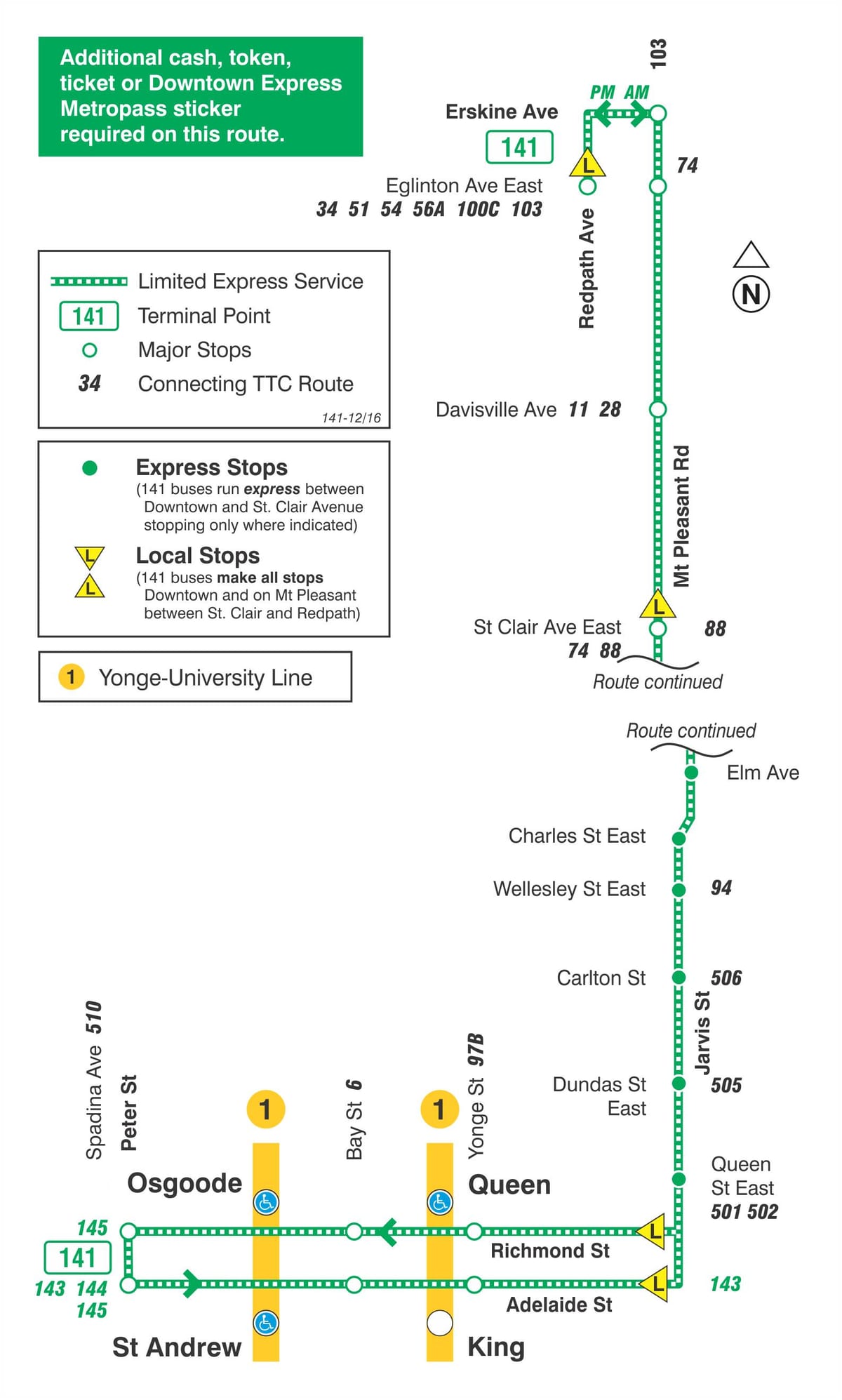Harta TTC 141 Centru / Mt Pleasant autobuz Expres pe ruta Toronto