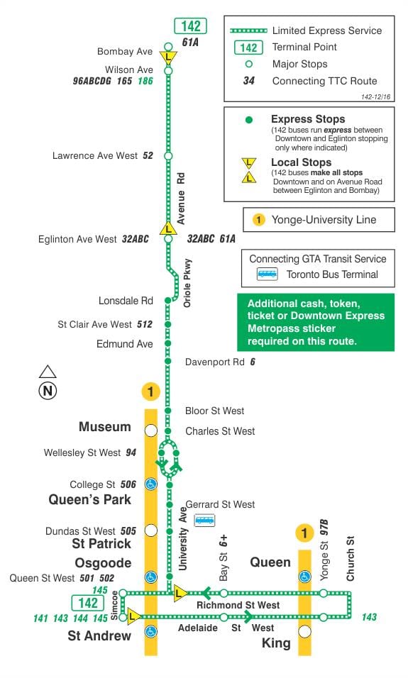 Harta TTC 142 Centru / Avenue Rd autobuz Expres pe ruta Toronto
