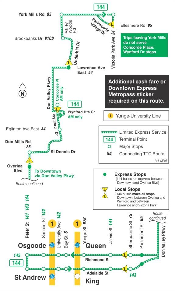 Harta TTC 144 Centru / Don Valley autobuz Expres pe ruta Toronto