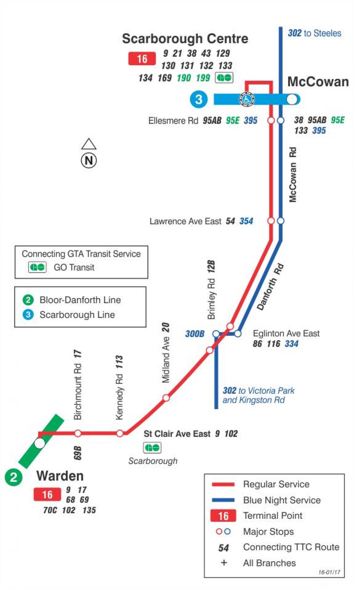 Harta TTC 16 McCowan autobuz de ruta Toronto