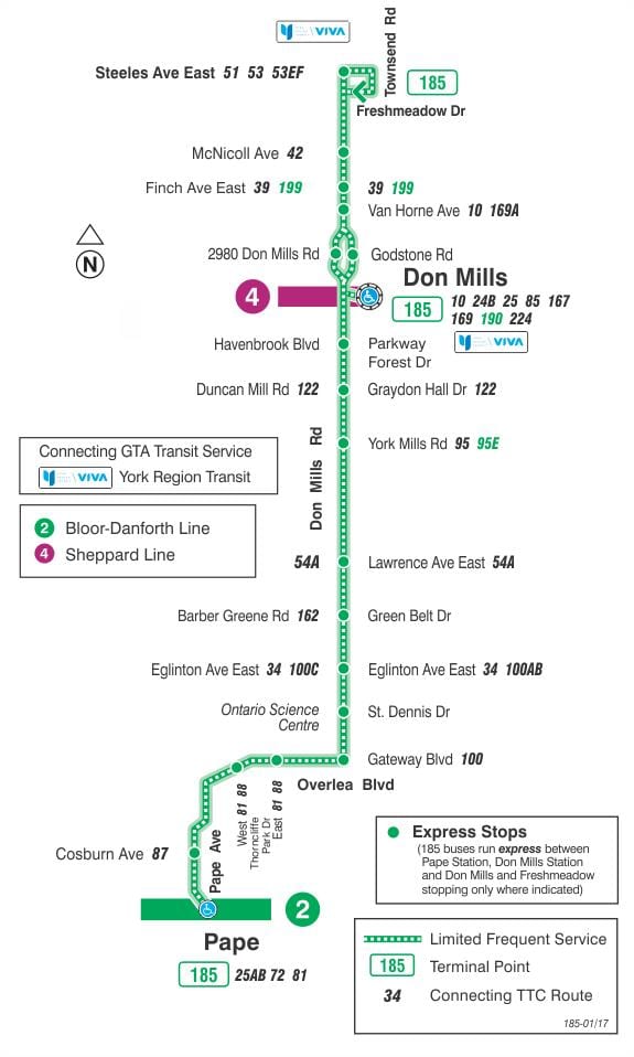 Harta TTC 185 Don Mills Rachete de autobuz de ruta Toronto