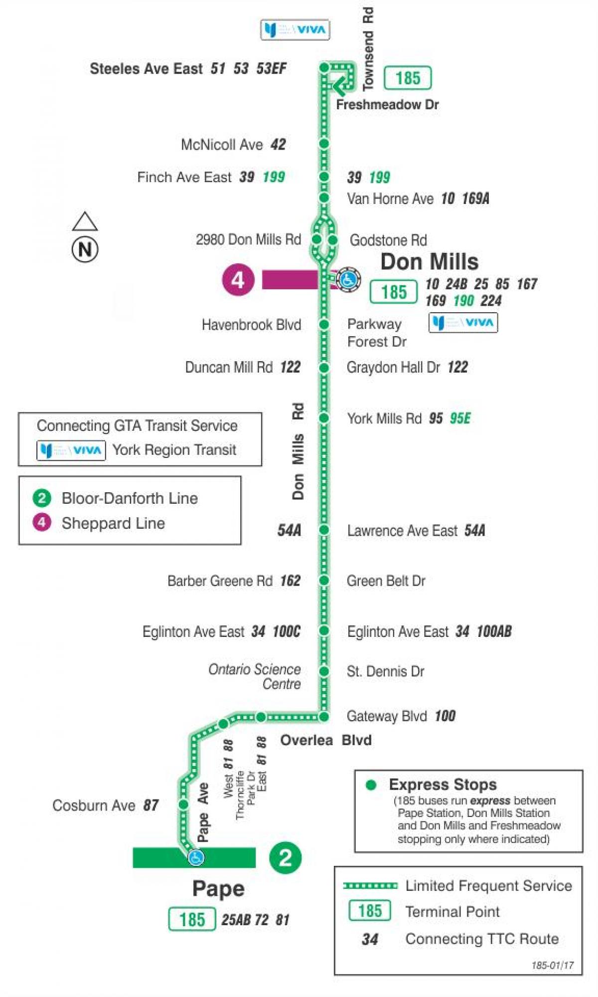 Harta TTC 185 Don Mills Rachete de autobuz de ruta Toronto