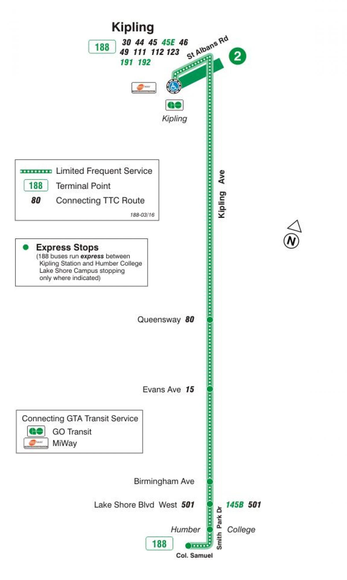Harta TTC 188 Kipling Sud de Rachete de autobuz de ruta Toronto