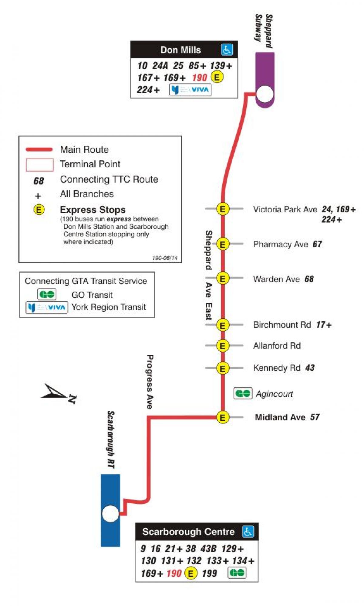 Harta TTC 190 Scarborough Centrul de Rachete de autobuz de ruta Toronto