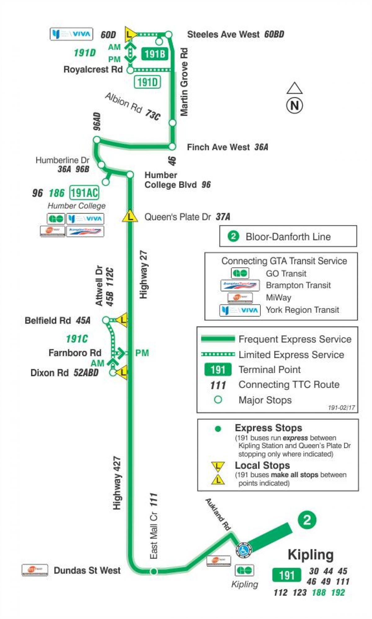 Harta TTC 191 Autostrada 27 de Rachete de autobuz de ruta Toronto