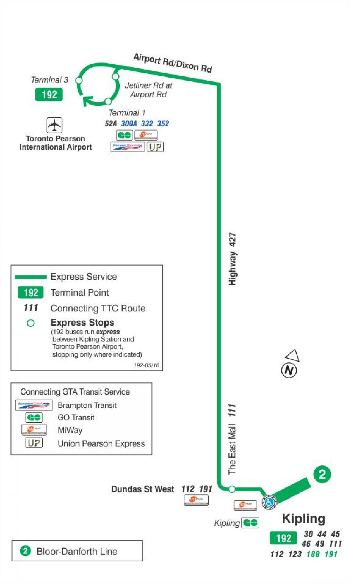 Harta TTC 192 Aeroport Rachete de autobuz de ruta Toronto