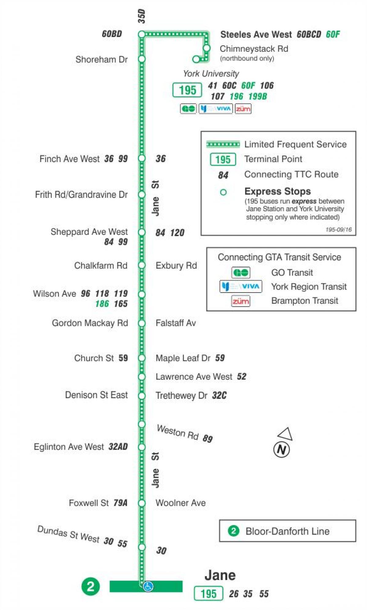 Harta TTC 195 Jane Rachete de autobuz de ruta Toronto