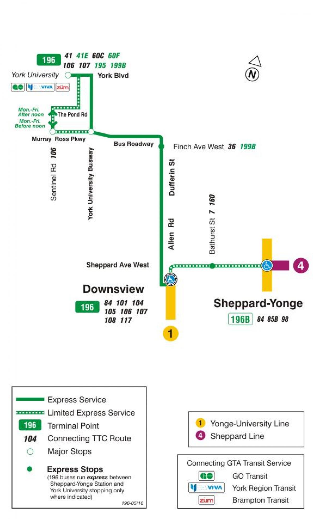 Harta TTC 196 York University Rachete de autobuz de ruta Toronto