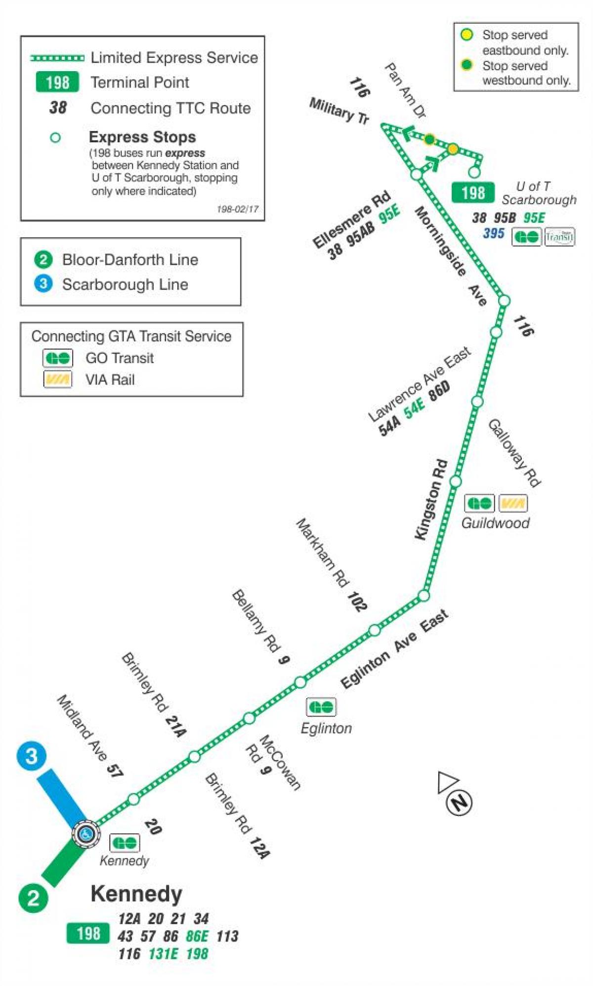Harta TTC 198 U a T Scarborough Rachete de autobuz de ruta Toronto