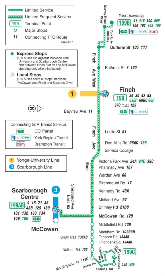 Harta TTC 199 Finch Rachete de autobuz de ruta Toronto