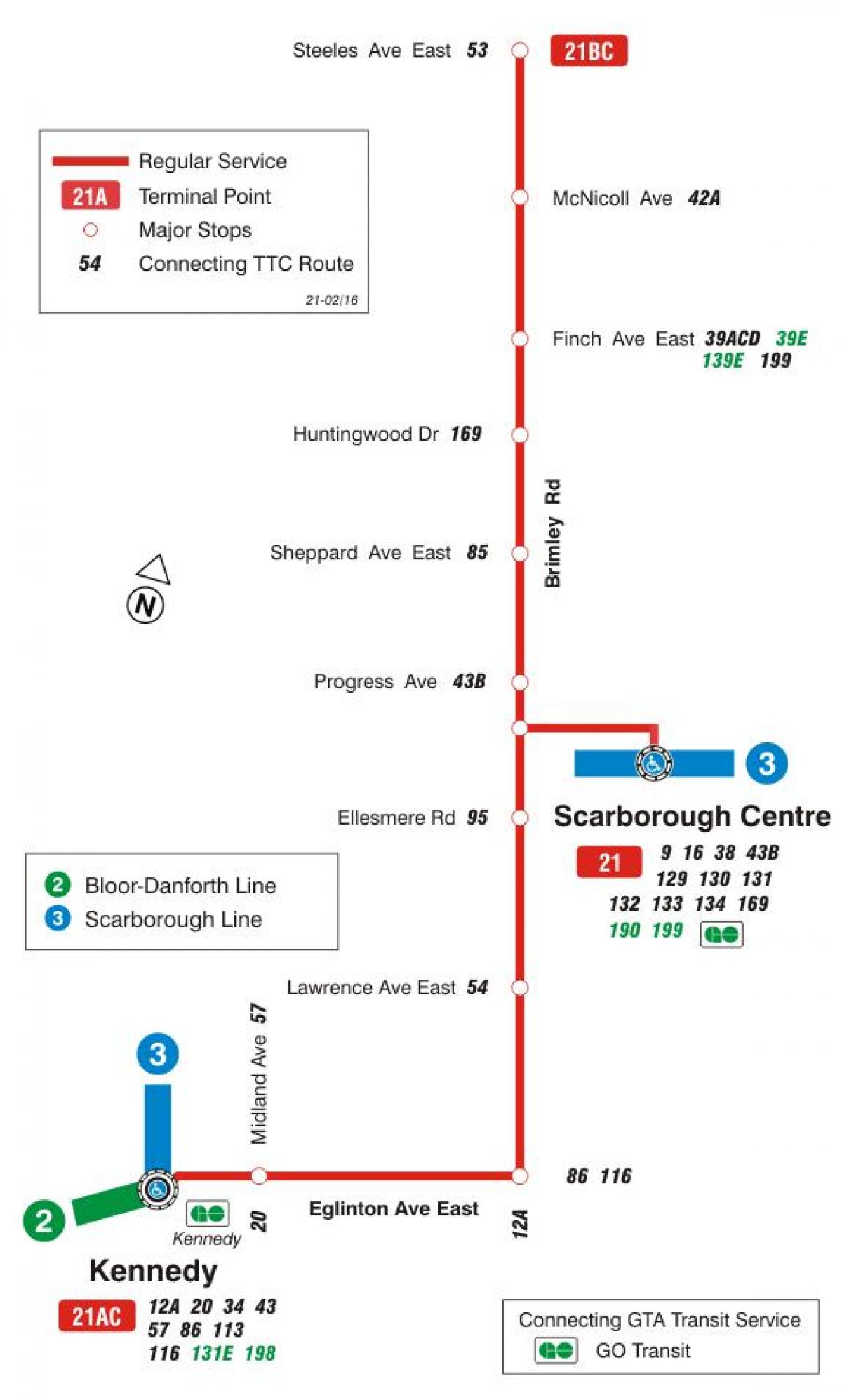 Harta TTC 21 Brimley autobuz de ruta Toronto