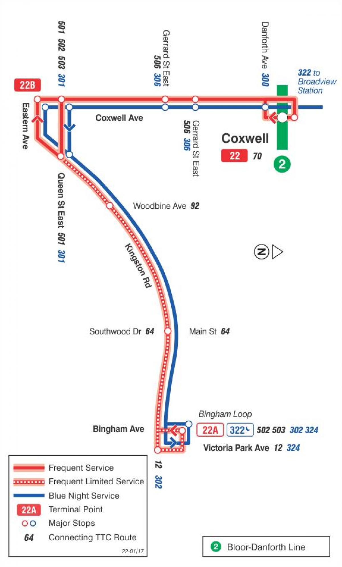 Harta TTC 22 Coxwell autobuz de ruta Toronto