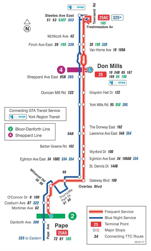 Harta TTC 25 Don Mills autobuz de ruta Toronto
