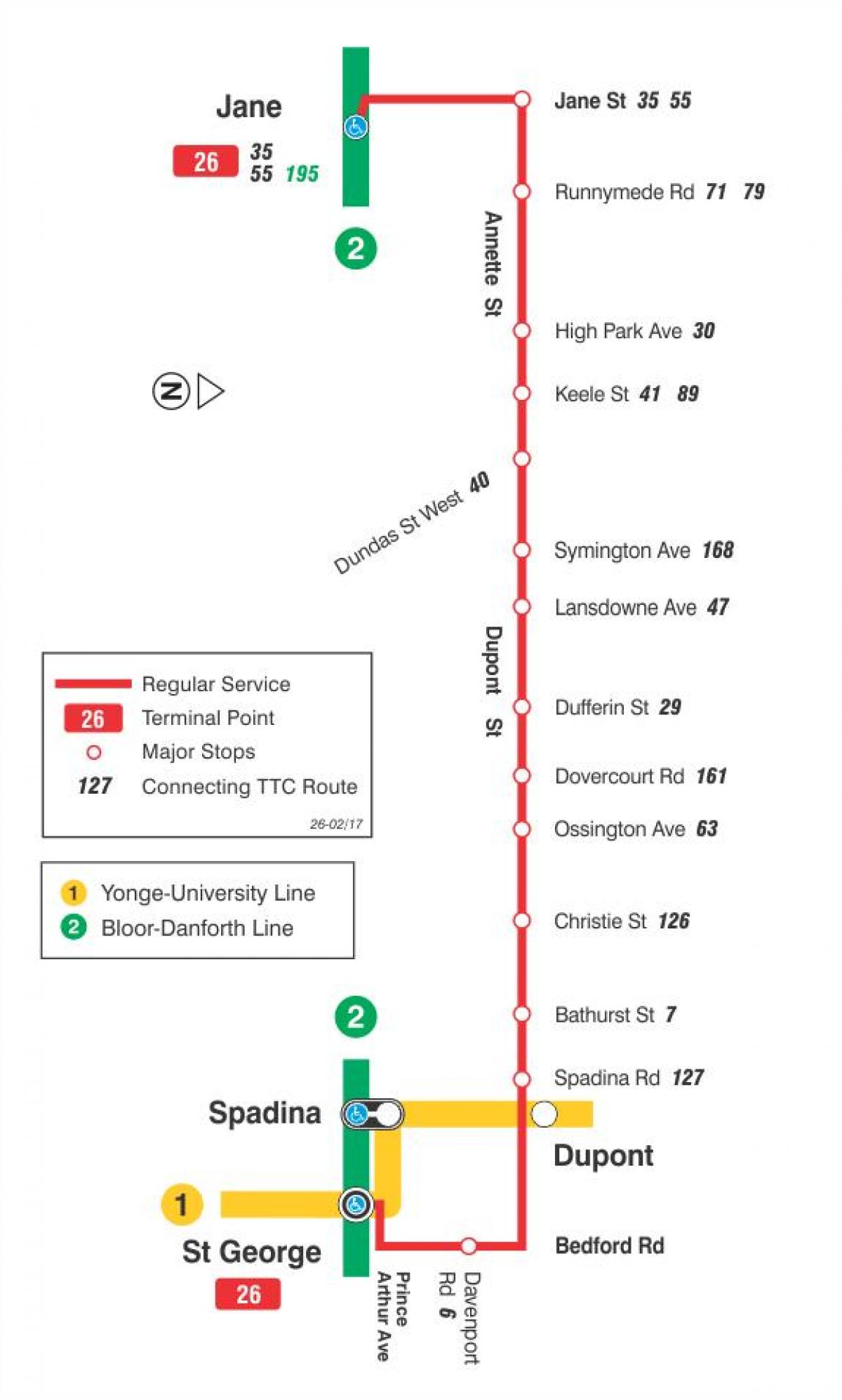 Harta TTC 26 Dupont autobuz de ruta Toronto