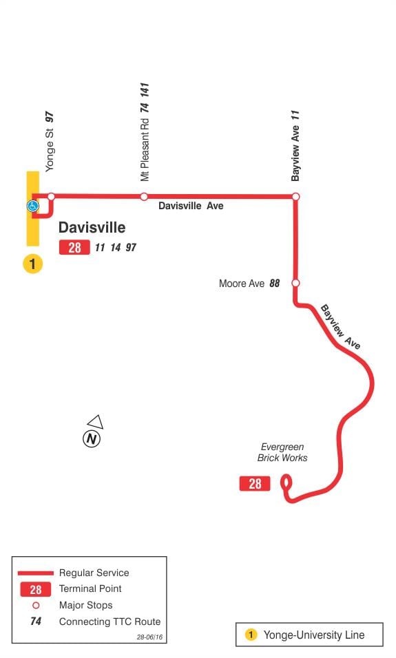 Harta TTC 28 Bayview Sud de autobuz de ruta Toronto