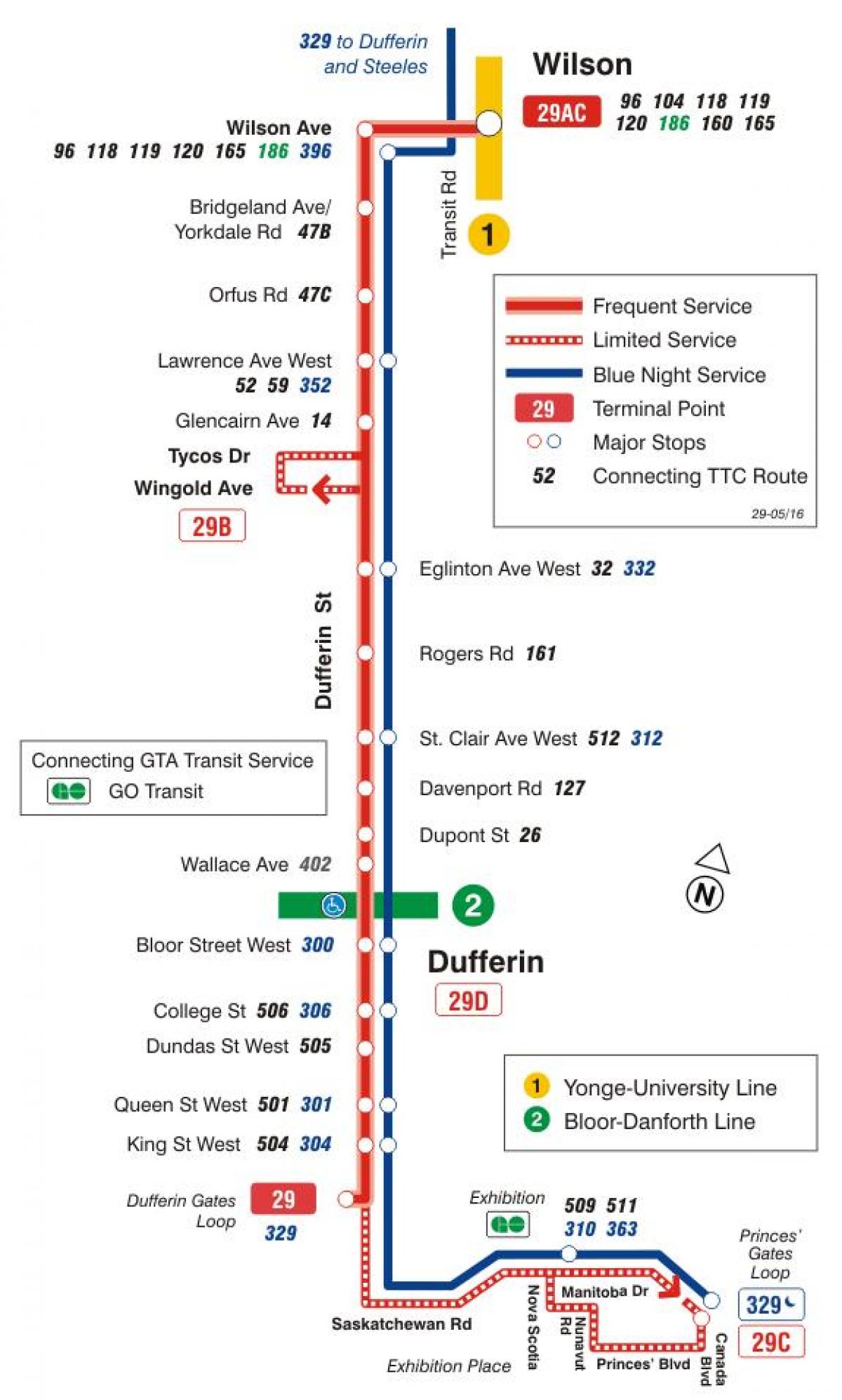 Harta TTC 29 Dufferin autobuz de ruta Toronto