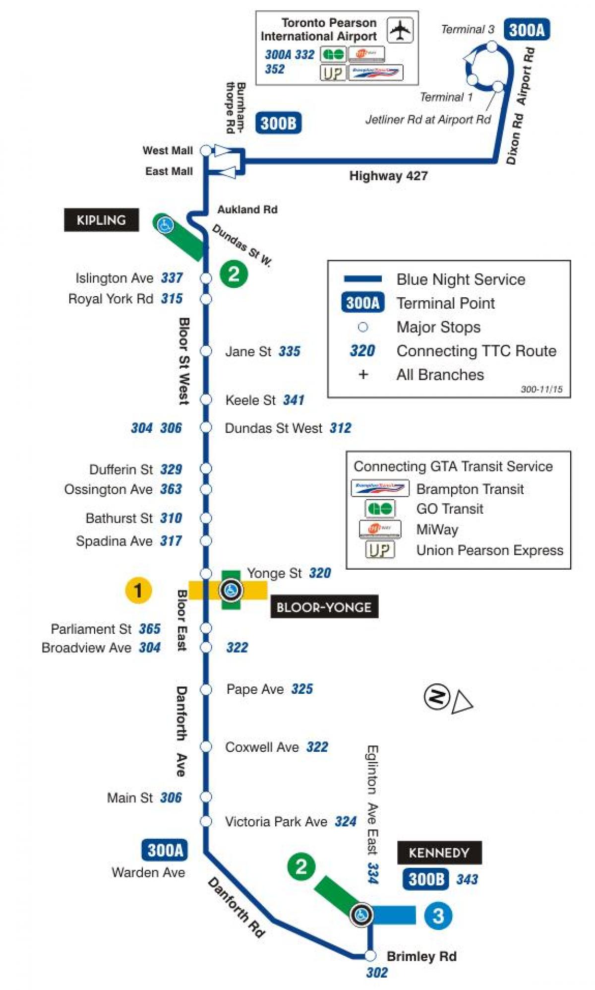 Harta TTC 300A Bloor-Danforth autobuz de ruta Toronto