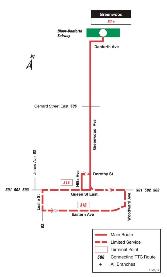 Harta TTC 31 Greenwood autobuz de ruta Toronto