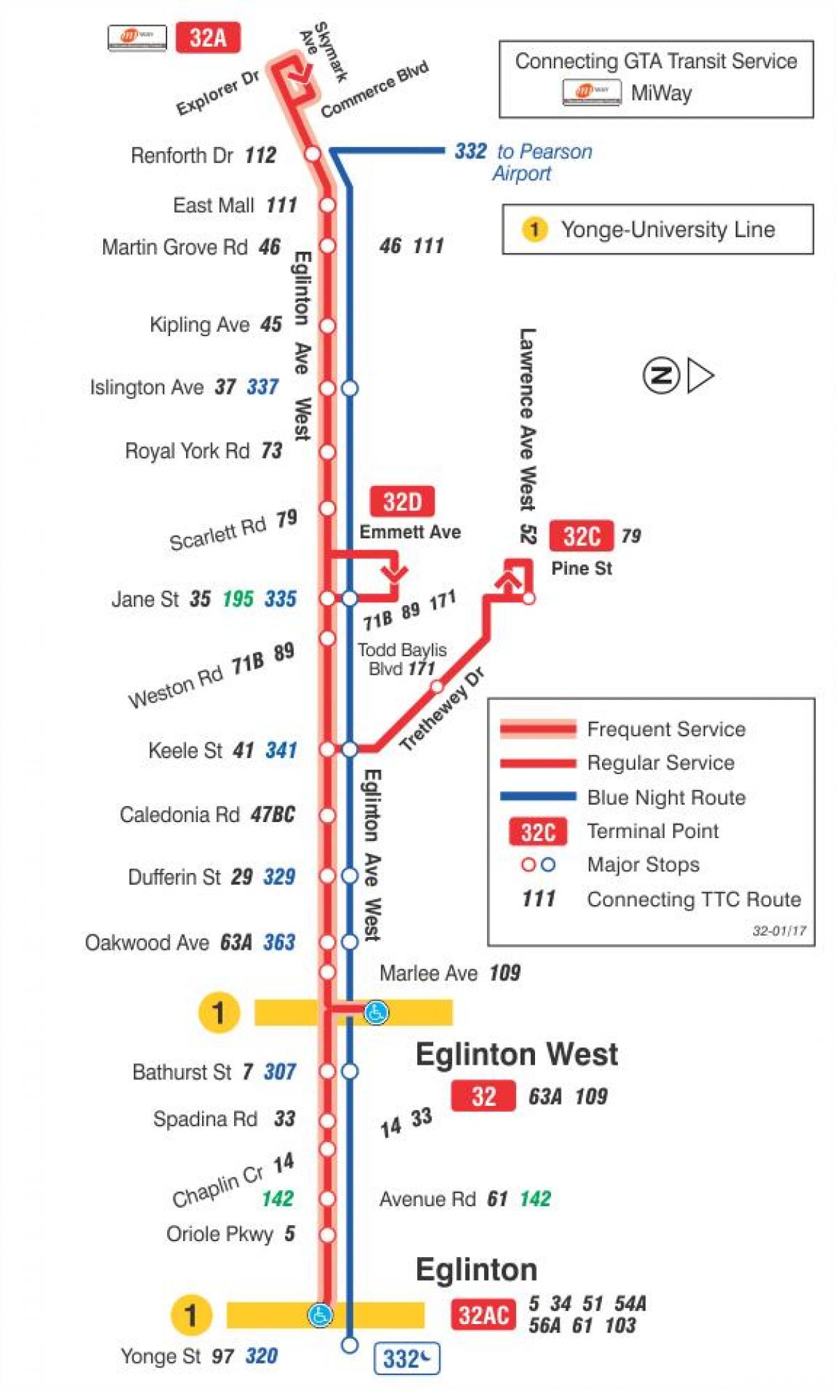 Harta TTC 32 Eglinton Vest de autobuz de ruta Toronto