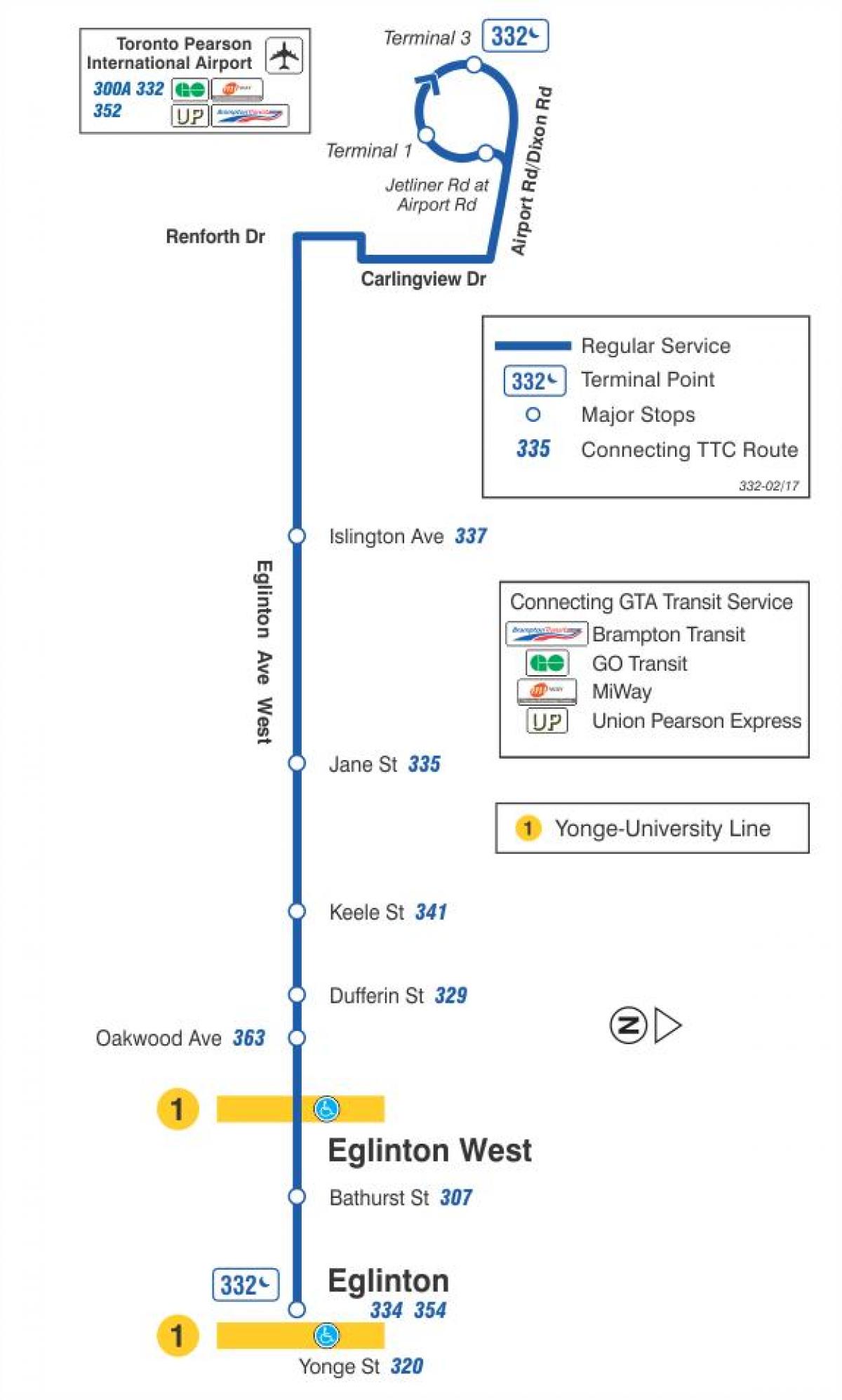 Harta TTC 332 Eglinton Vest de autobuz de ruta Toronto