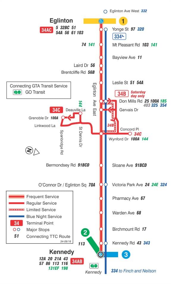 Harta TTC 34 Eglinton Est de autobuz de ruta Toronto