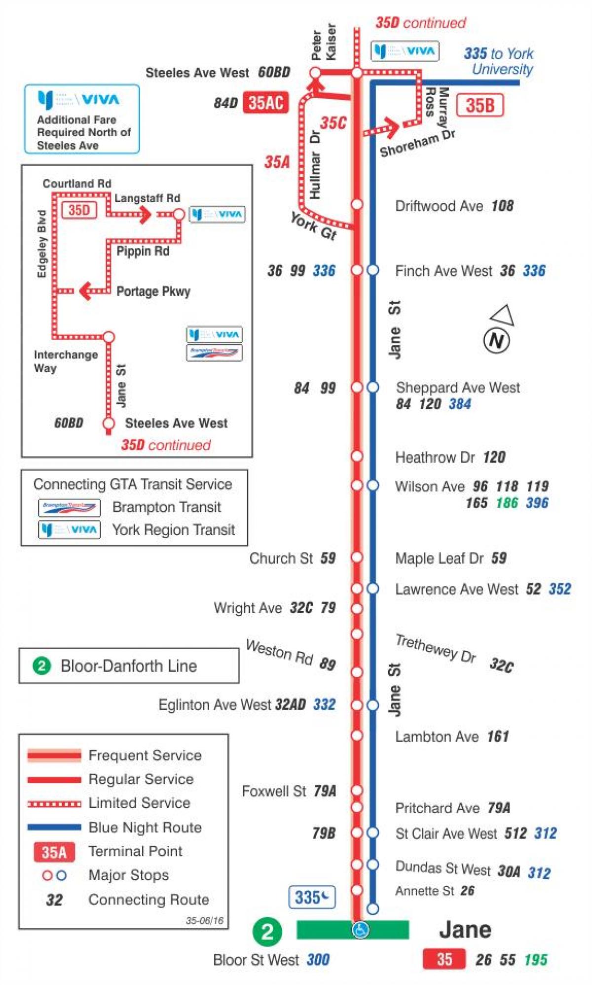 Harta TTC 35 Jane autobuz de ruta Toronto