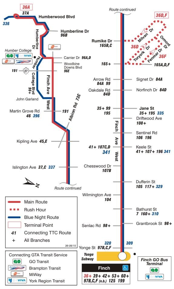 Harta TTC 36 Finch Vest de autobuz de ruta Toronto