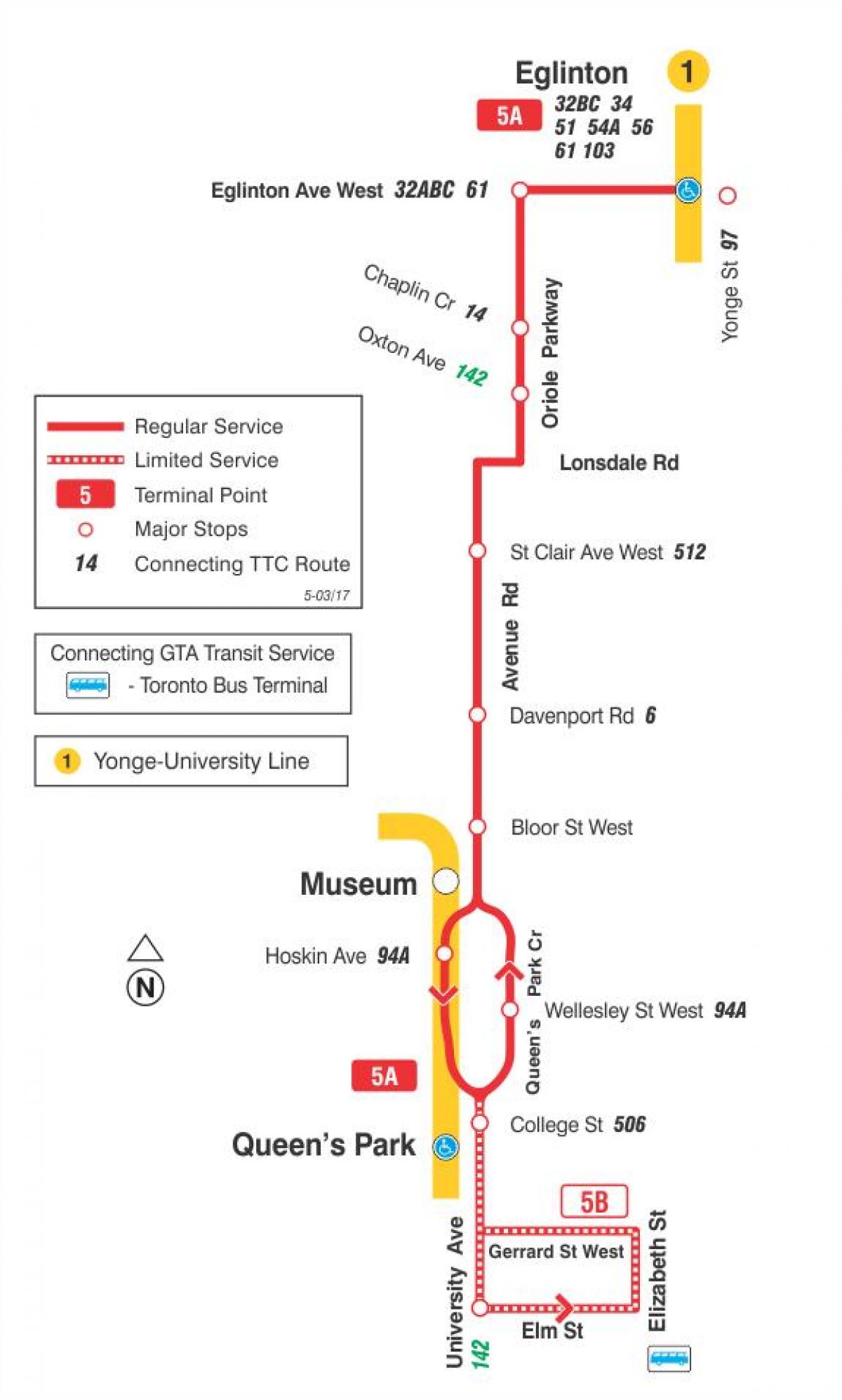 Harta TTC 5 Avenue Rd autobuz de ruta Toronto