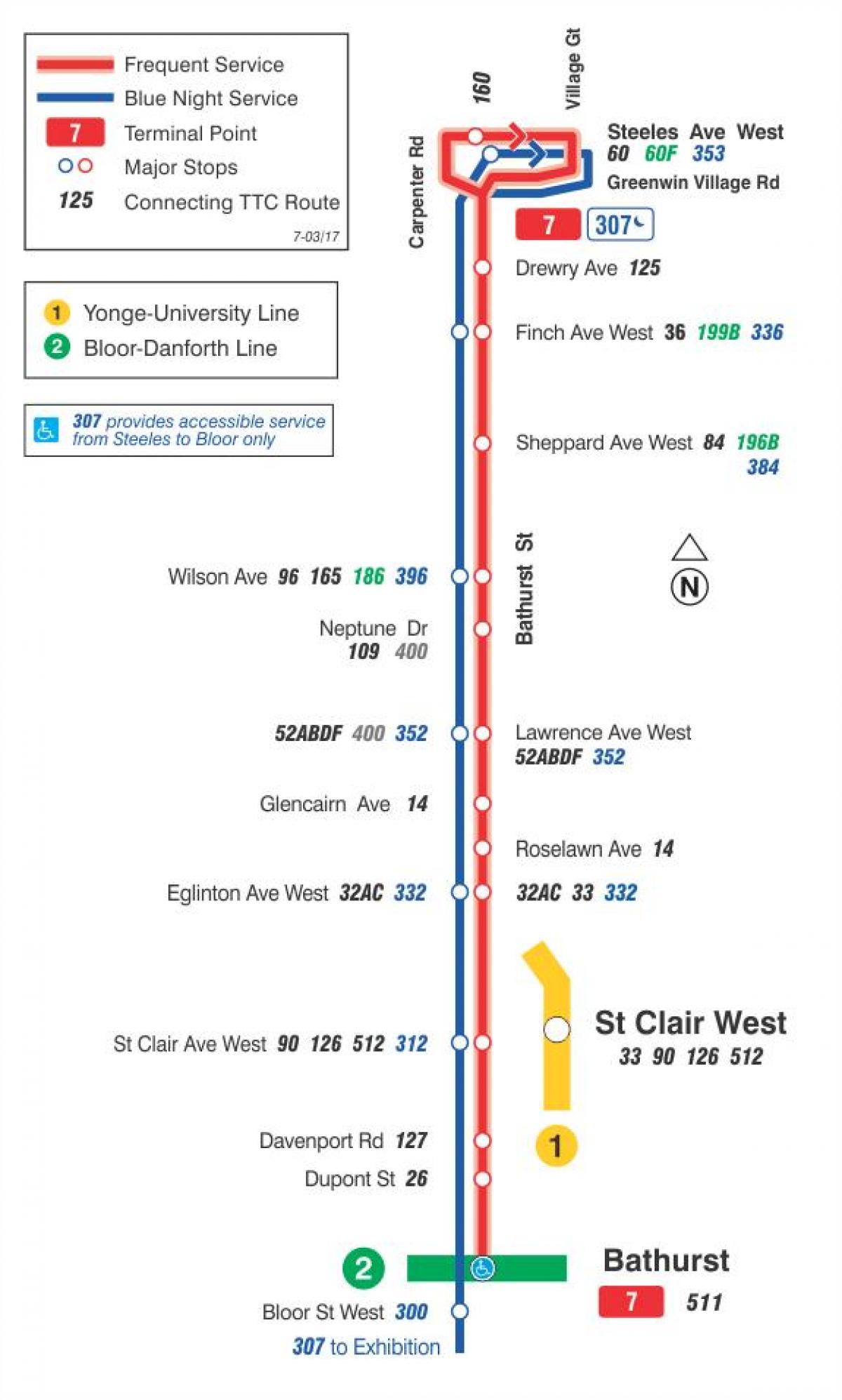 Harta TTC 7 Bathurst autobuz de ruta Toronto