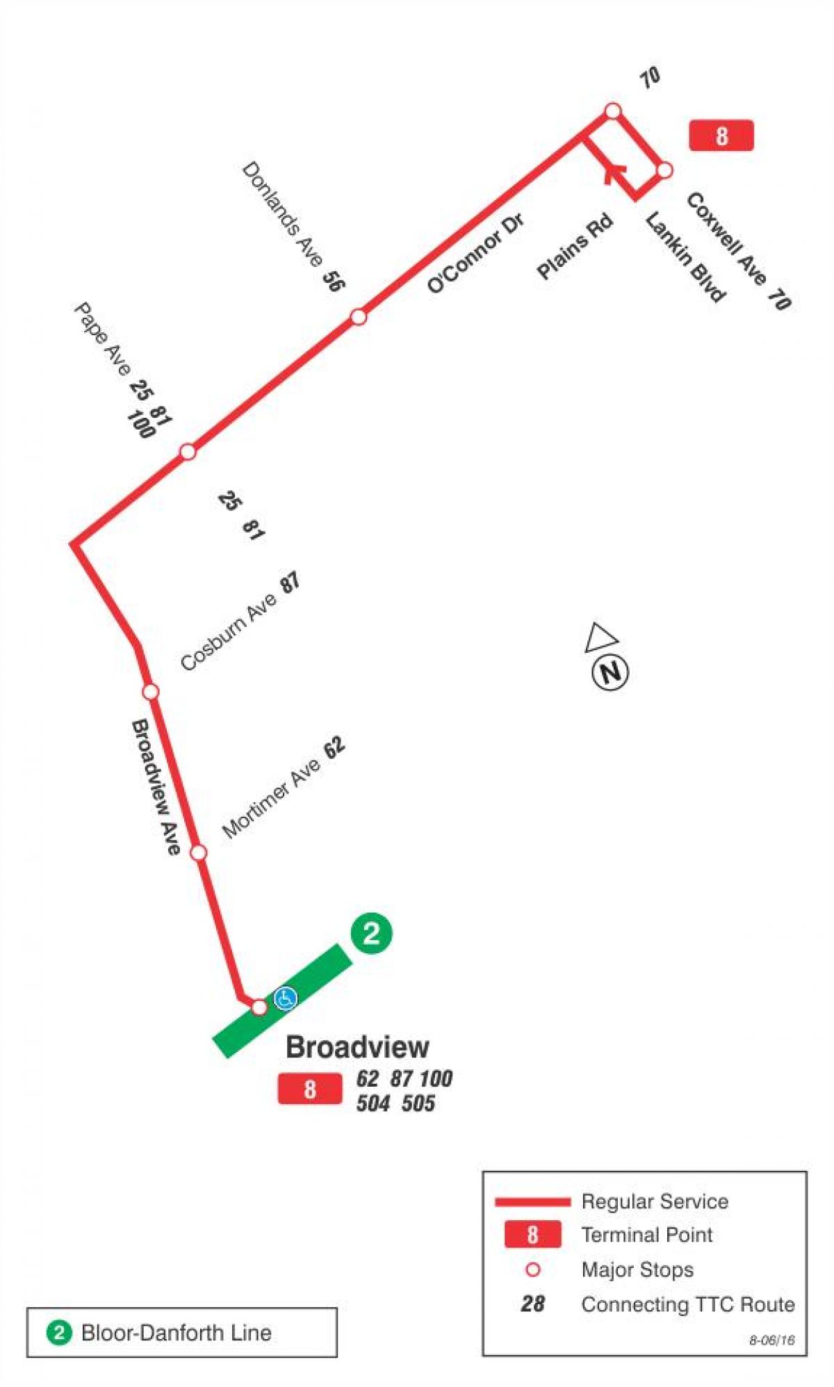 Harta TTC 8 Broadview autobuz de ruta Toronto