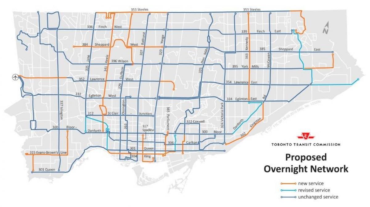 Harta TTC peste noapte rețea Toronto