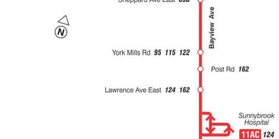 Harta TTC 11 Bayview autobuz de ruta Toronto