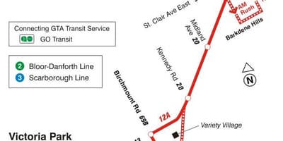 Harta TTC 12 Kingston Rd autobuz de ruta Toronto