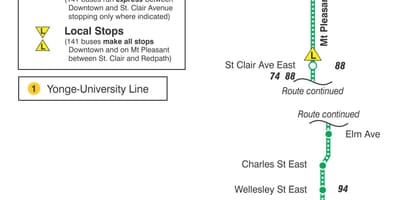 Harta TTC 141 Centru / Mt Pleasant autobuz Expres pe ruta Toronto