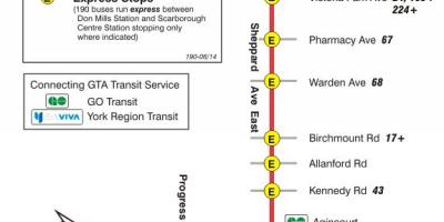 Harta TTC 190 Scarborough Centrul de Rachete de autobuz de ruta Toronto