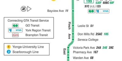 Harta TTC 199 Finch Rachete de autobuz de ruta Toronto