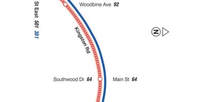 Harta TTC 22 Coxwell autobuz de ruta Toronto