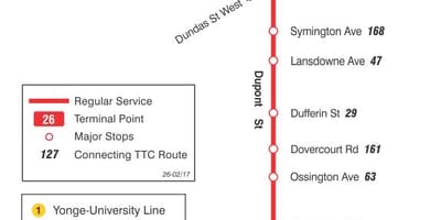 Harta TTC 26 Dupont autobuz de ruta Toronto
