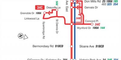 Harta TTC 34 Eglinton Est de autobuz de ruta Toronto