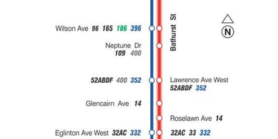 Harta TTC 7 Bathurst autobuz de ruta Toronto