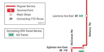 Harta TTC 9 Bellamy autobuz de ruta Toronto